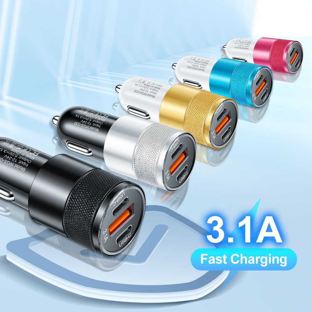 Cargador de coche 3.1A 1USB + 2 tipo C, adaptador de teléfono de carga rápida para Xiaomi, Huawei, cargador de teléfono, adaptador de coche, enchufe, encendedor de cigarrillos