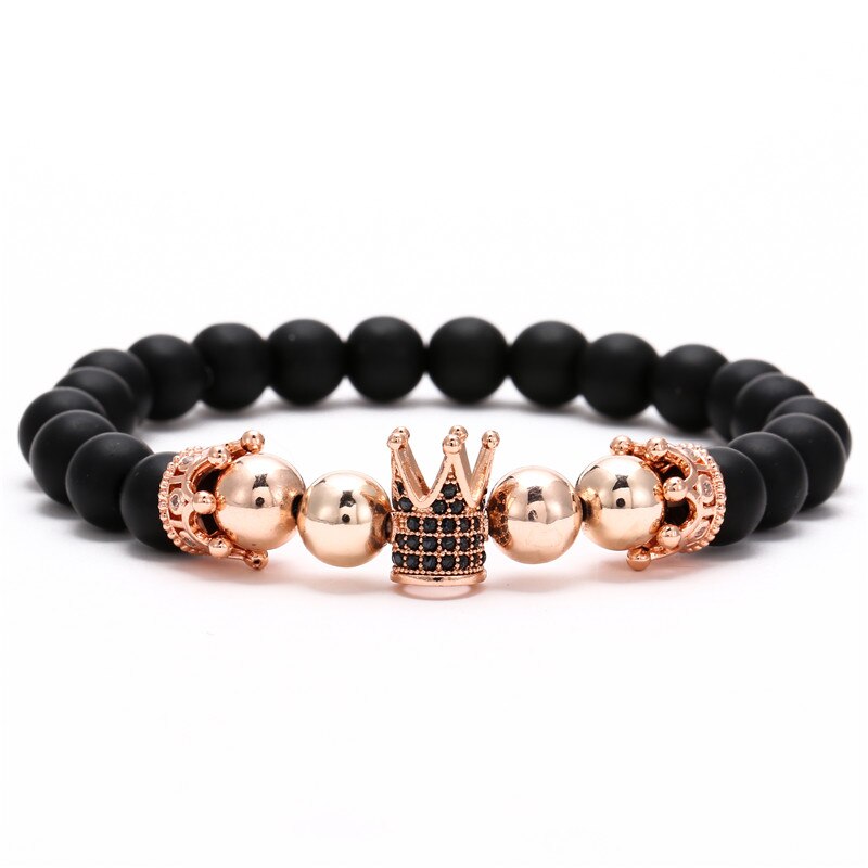 Pulsera de cobre hecha a mano para hombre y mujer, Micro CZ King crown, cuentas elásticas de 8mm, brazalete de joyería,