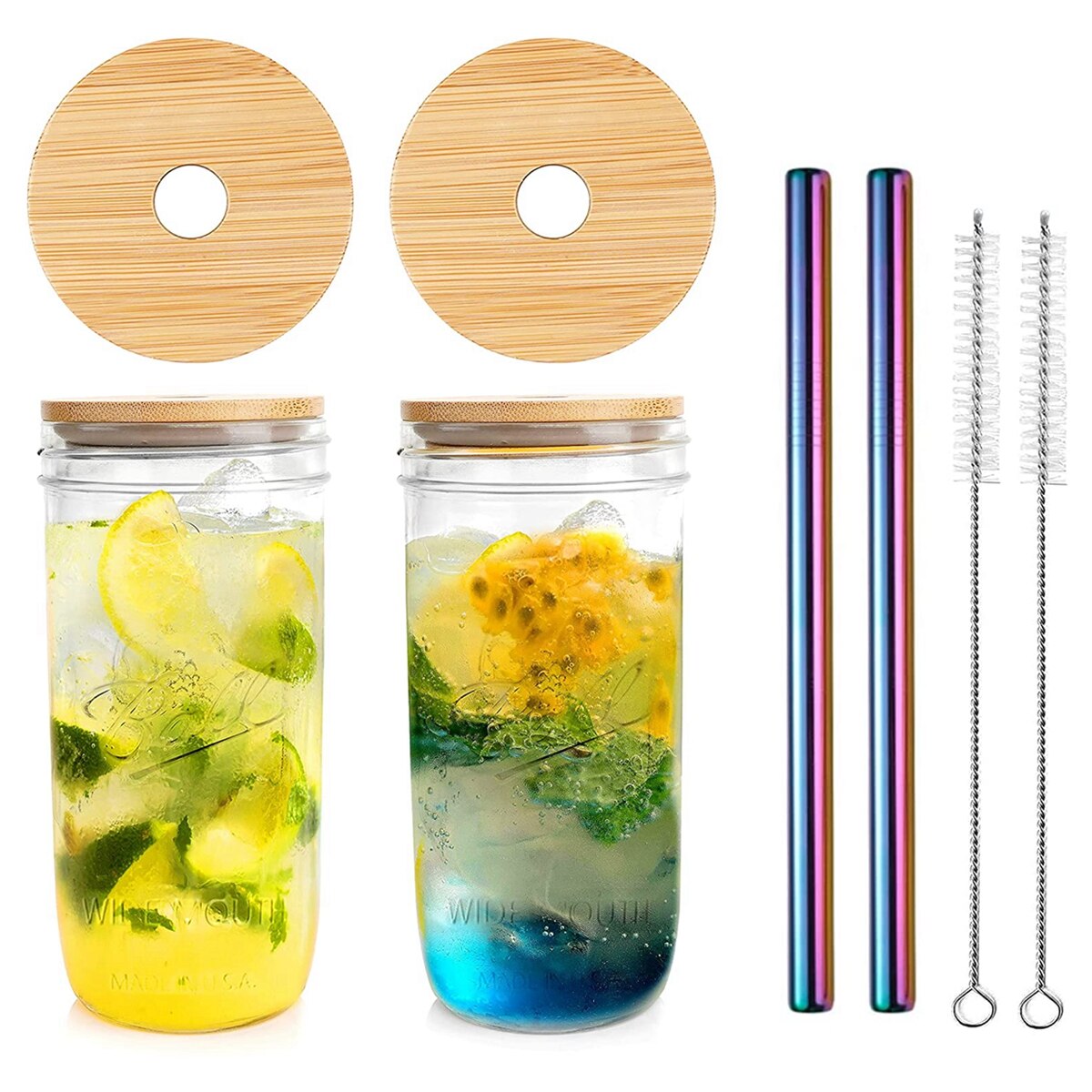 Lot de 2 pots de maçon en verre avec paille, verre réutilisable avec couvercle en bambou, pot de maçon à large bouche pour Boba Bubble Tea: 600ml Rainbow Straws