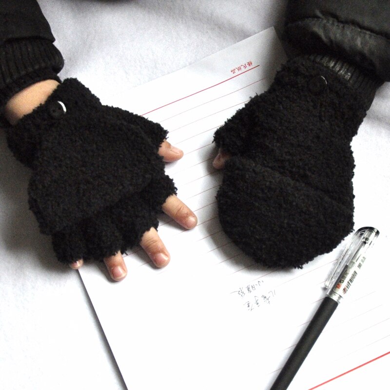 Guantes para niños de la escuela primaria de Cachemira medio dedo Flip Cover Mittens invierno Thicken Warm guantes para niños niñas 5-11Y: Black