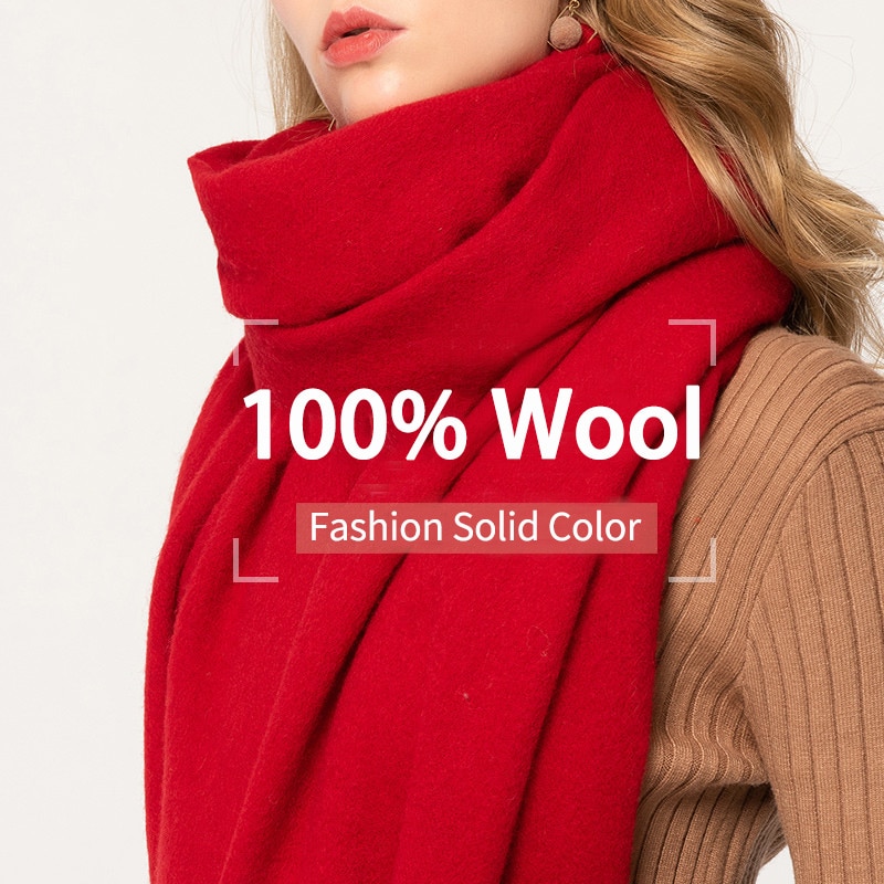 Vinter uld tørklæde kvinder solid rød echarpe wraps til damer foulard femme med kvast varm merino uld tørklæder kashmir
