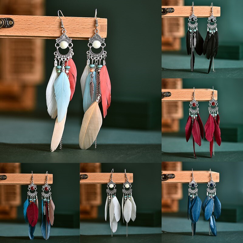 Pluma Bohemia pendientes para las mujeres Brincos joyería India Chian largo borla aleación Color plateado pendientes como