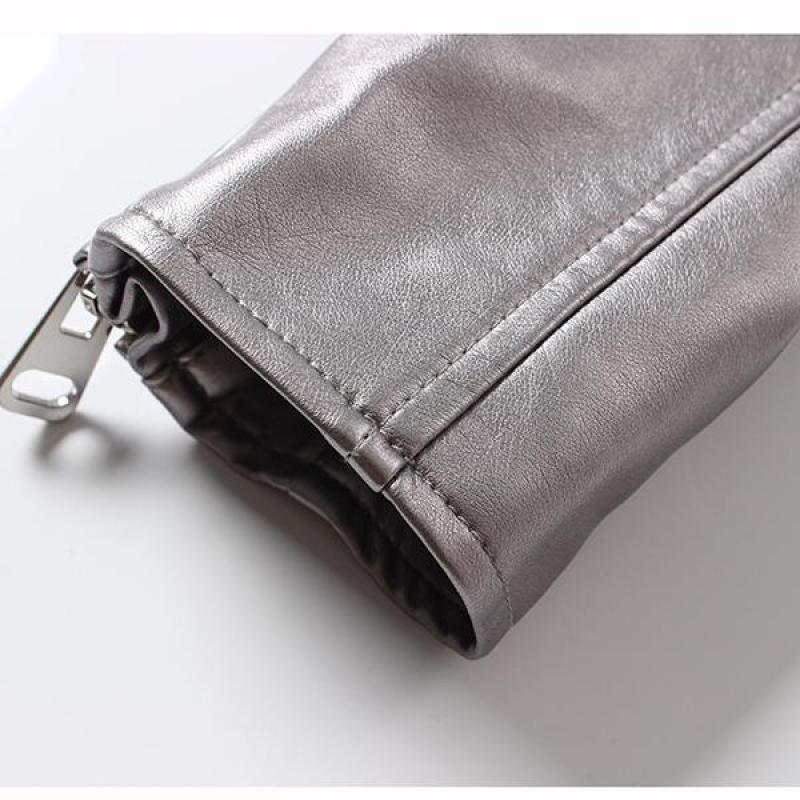 Womens Short Parka Coat Leather Biker Silver Motorcycle Zipper Jackets Outerwear
