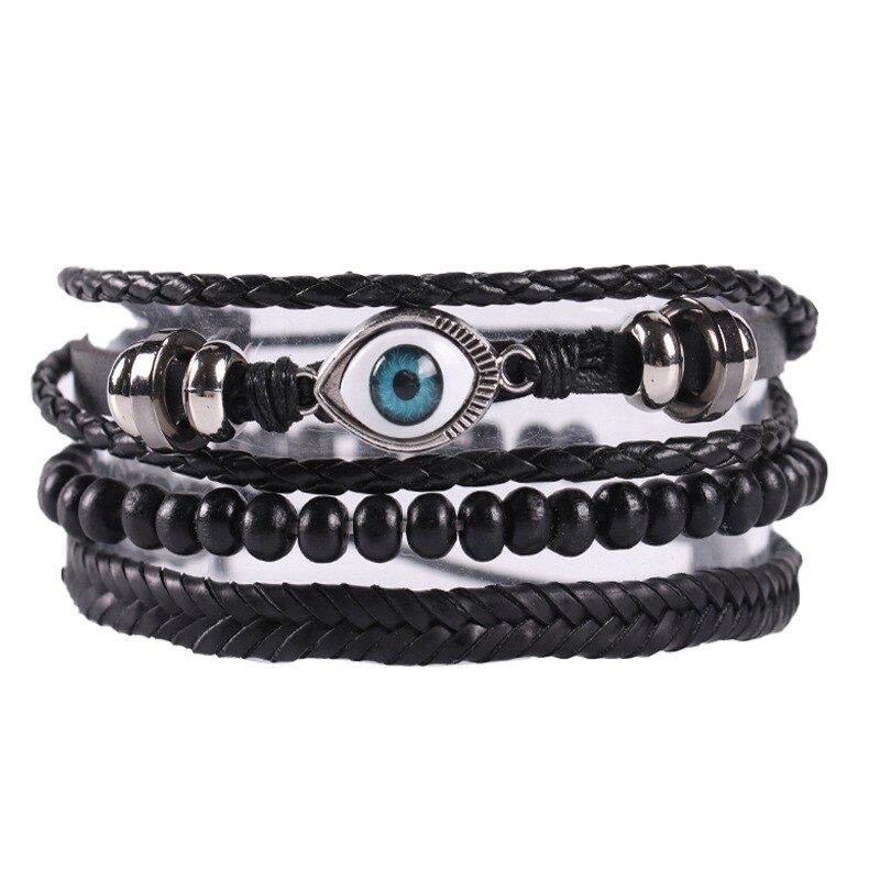 KaiMin 4pcs/ set Adjustable Leather Bracelets for Men Braided PU Black Brown Bangle Life Tree Leaf Rudder Charm Bracelet: JW8034-9
