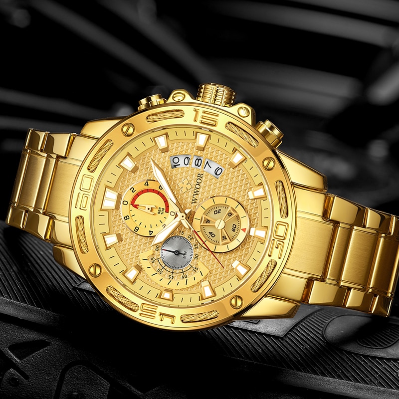 Relojes WWOOR para hombre, superior, de lujo, reloj de cuarzo de acero inoxidable dorado, cronógrafo deportivo resistente al agua para hombre, reloj Masculino