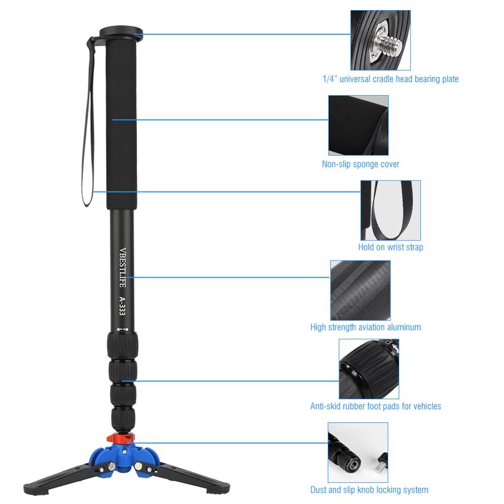 Portable Magnesium-Aluminum Alloy Monopod 5 Section tilted 20 degrees and rotated 360 degrees 3D anti-skid bearing platform