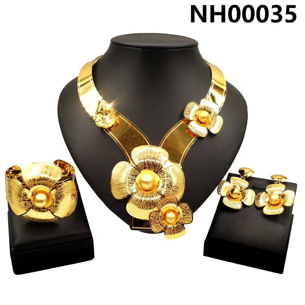 Exquisite 24K Yellow Gold Floral Jewelry Set Bold Shiny Necklace Earrings Bracelet NH00035