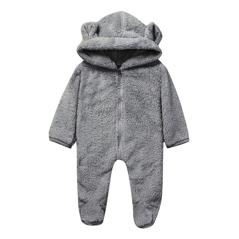 Pasgeborenen Hooded Oren Footies Baby Jongen Meisje Solid Winter Fleece Warm Lange Mouwen Jumpsuit Rits Uitloper Baby Kleding 0-18M A20