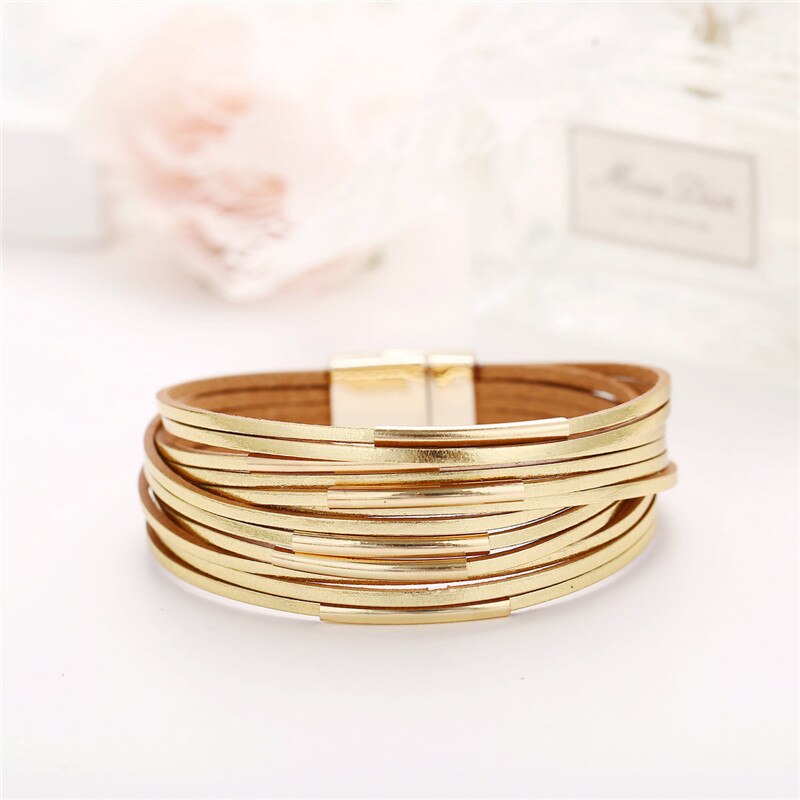 WOOZU unisex Goldene Leder Armbinde Punk Armbänder & Armreifen Elegante mehrschichtig Breite wickeln Armbinde Schmuck