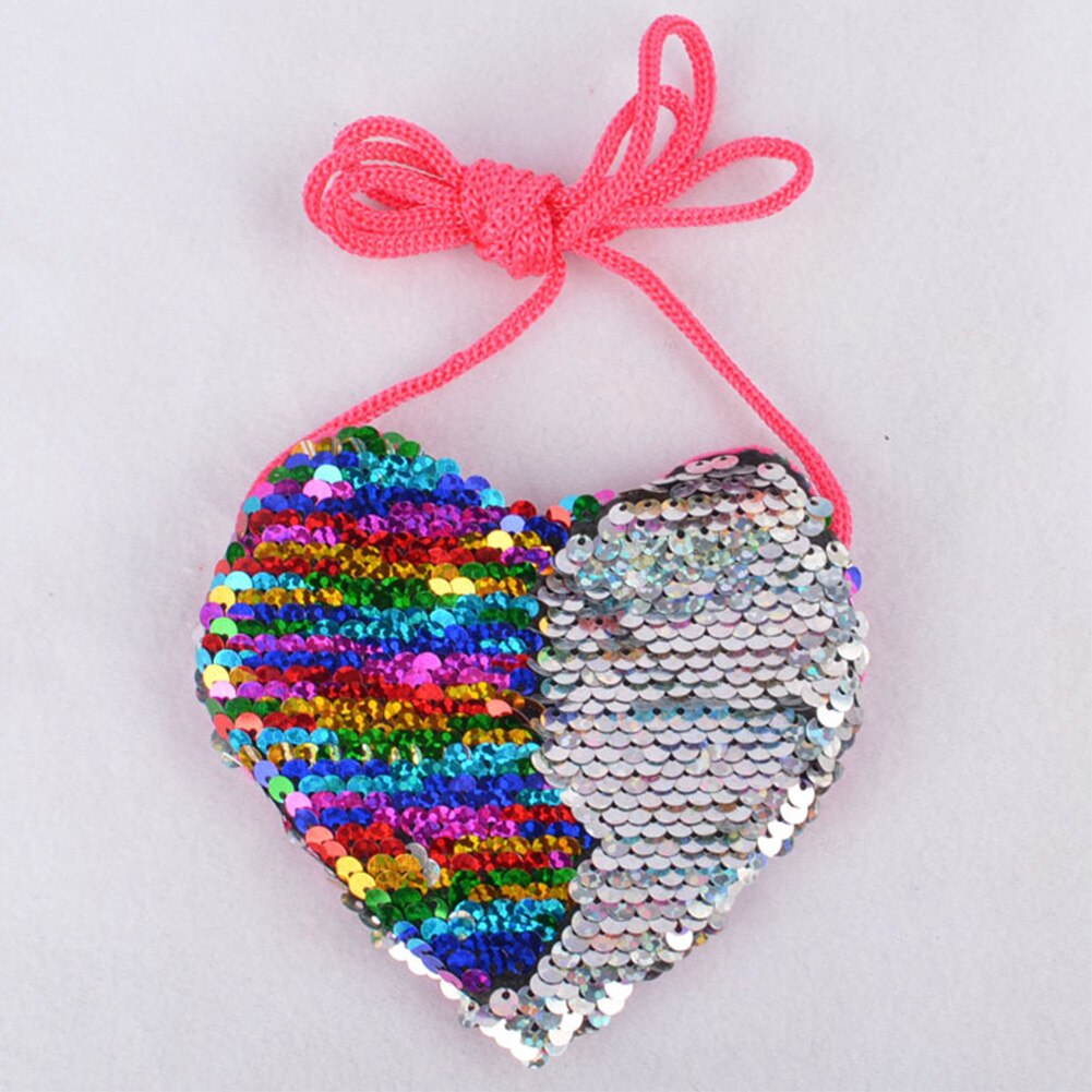 Mini amor corazón niños cumpleaños bolso de mensajero portátil con cordón llavero lindo lentejuelas cremallera monedero de: Colorful Silver