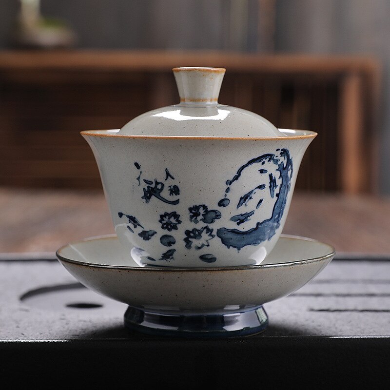 Retro Jingdezhen Hand-painted Tea Set Bowl China Kung Fu Tea Set Thick Pottery Bowl Ceramic Blue and White Tea Bowl Tea Set: m