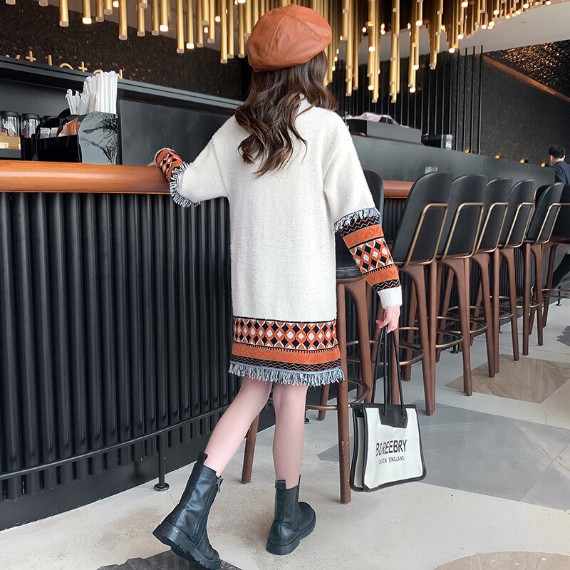 Meisjes Kwastje Truien Toevallige Kinderen Prinses Lange Trui Jurk Winter Tiener Gebreide Truien Trui Kostuum 9 12 13Y