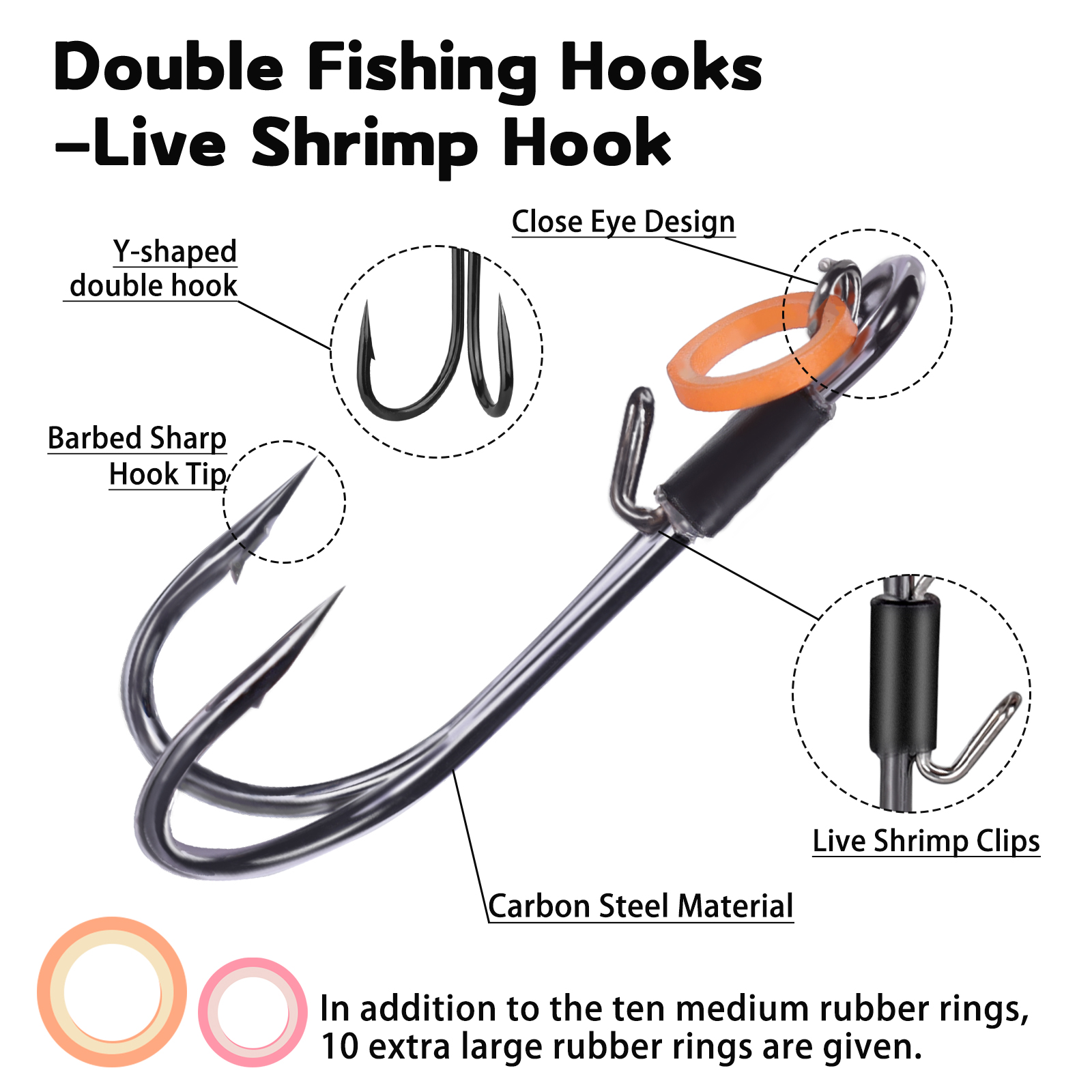 FishTrip-anzuelo doble para pesca de camarones vivos, anzuelos fijos, 10-15 Uds., flotador de pesca, soporte para cebo, anzuelos, Señuelos de Pesca, agua salada y dulce