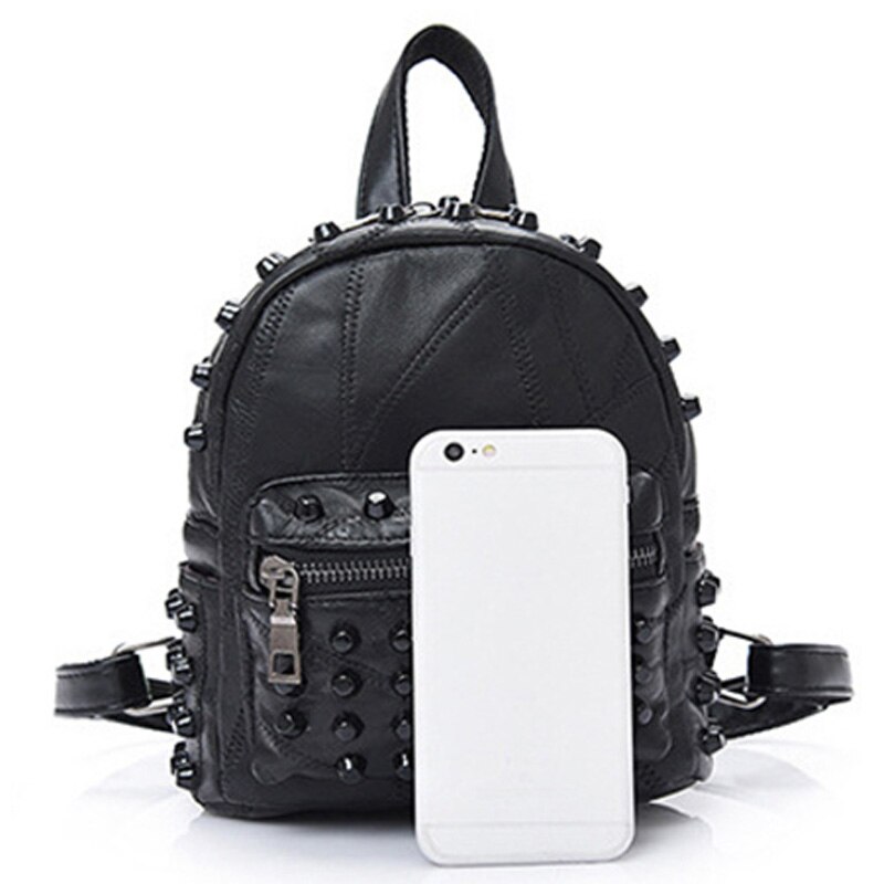 Women'S Leather Rivet Backpack Mini Punk Style Backpack Stitching Backpack