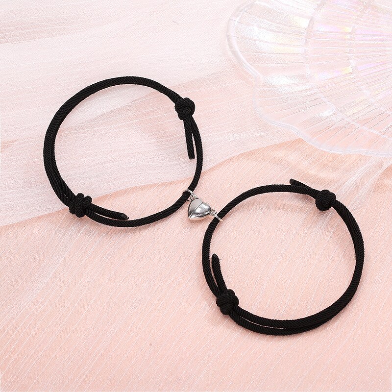 2Pcs/Set Minimalist Lovers Heart Matching Friendship Bracelet Rope Braided Couple Magnetic Distance Bracelet Kit Lover Jewelry: Black