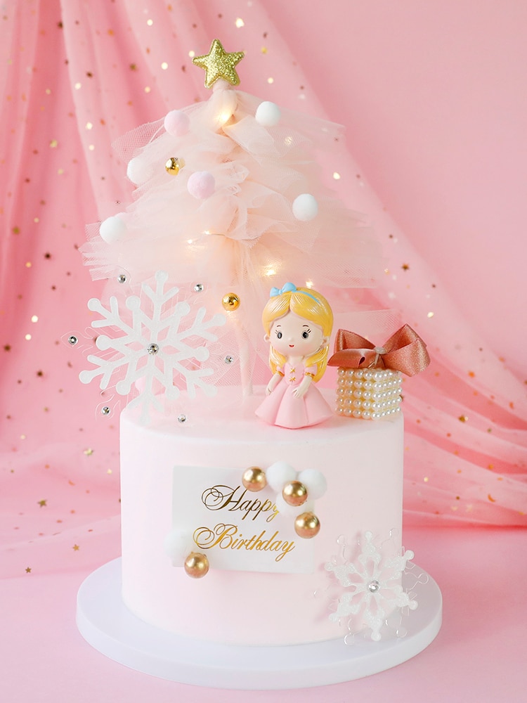 Costume de noël rose en fil d'arbre | Décorations de princesse de neige pour filles, décoration de gâteau, fournitures pour fête d'enfants, pour la pâtisserie, adorables