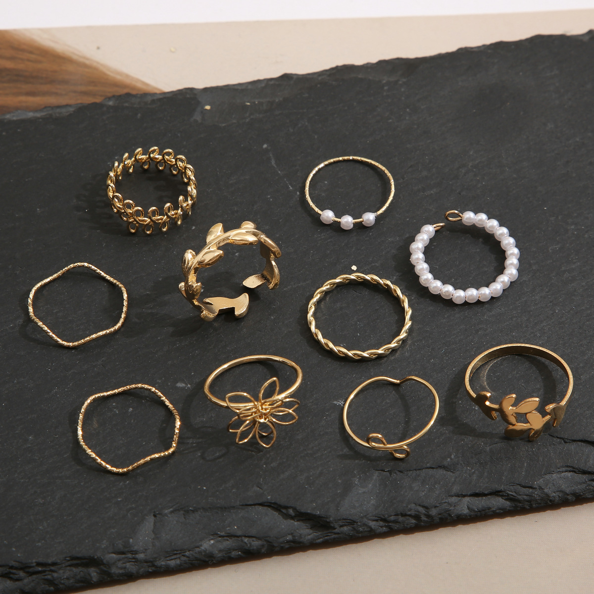 Ensemble de bagues en métal pour femmes, 10 pièces, Imitation perle, feuille, fleur, strass, papillon