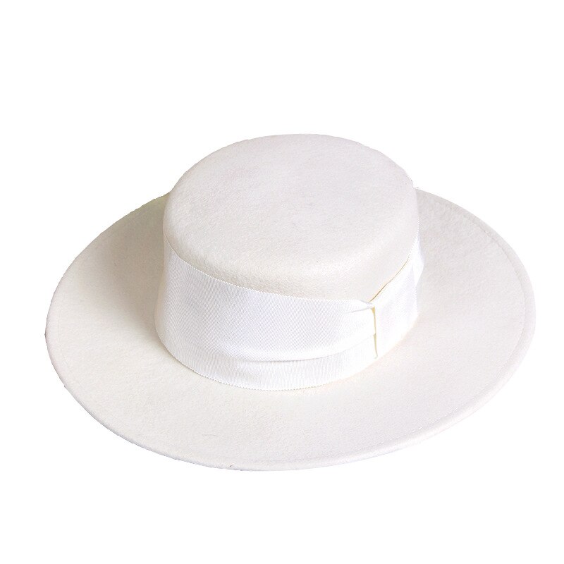 White Top Hat Female High-end Wool Felt British Wool Top Hat Flat Top Flat Edge Top Hat