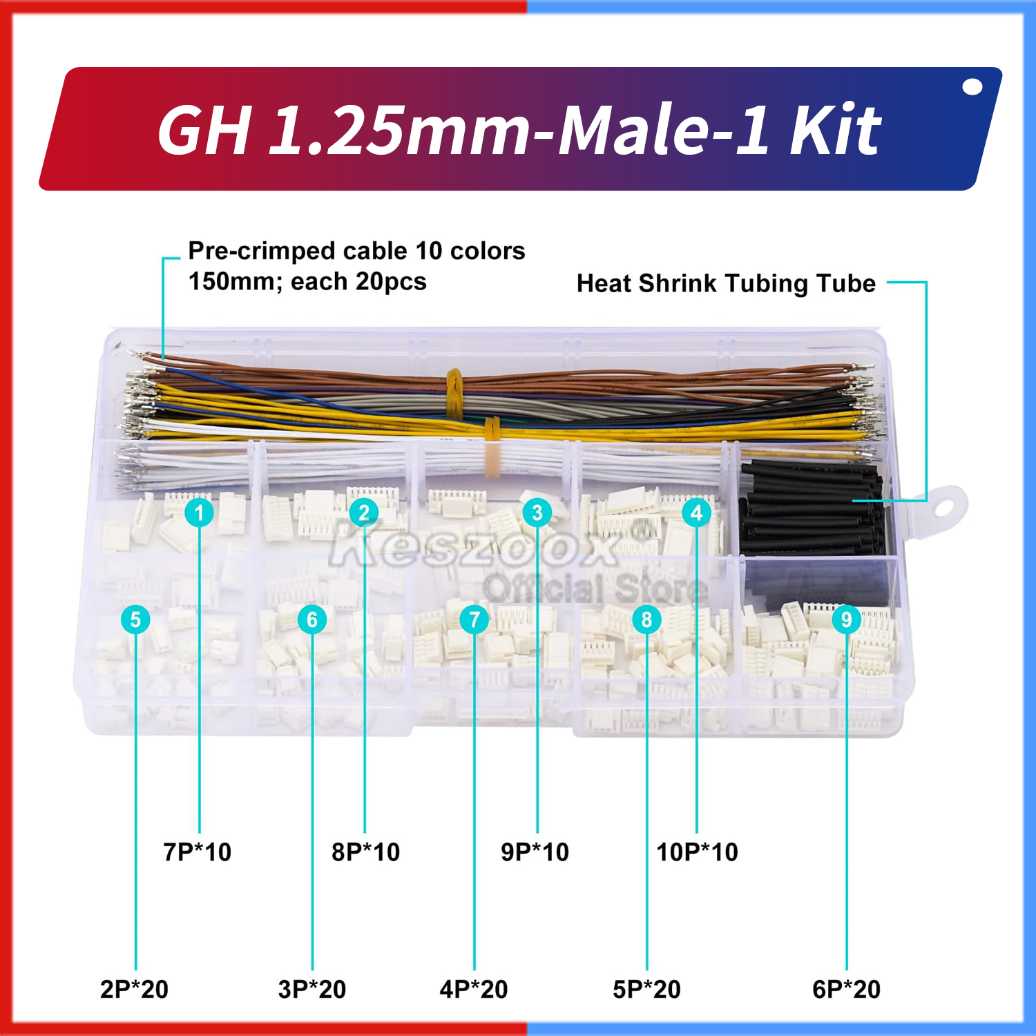 Keszoox jst 1.0/1.25/1.5/2.0/2.5mm- pitch stiksæt jst sh gh zh ph  xh 2-6 -benet hus med prækrympede 22-28 awg-kabler: Mørkegrå