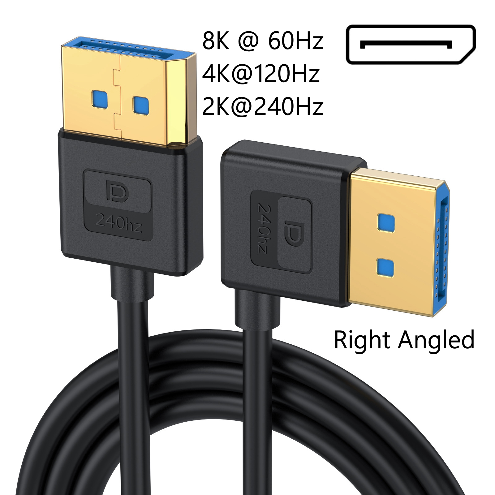 silicone cable Right Angle Displayport 1.4 Cable 90°Angled Displayport Cable 1.4V up to 8K 60Hz 4K/144Hz Supported 32.4Gbps: grey / 2m