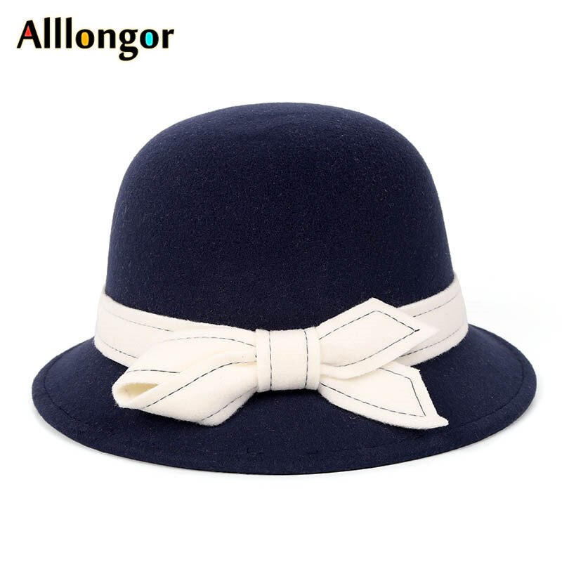 Efterår vinter derby hat kvinder sløjfe massiv grå sombrero mujer fedora hat damer formel vintage uld filt bowlerhat: Flåde