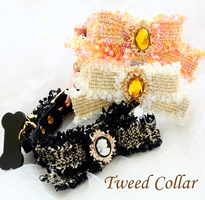 Hundhalsband klassisk chi**el stil tweed vintage rosett husdjurshalsband hundtillbehör pudel maltesisk fransk dra italien