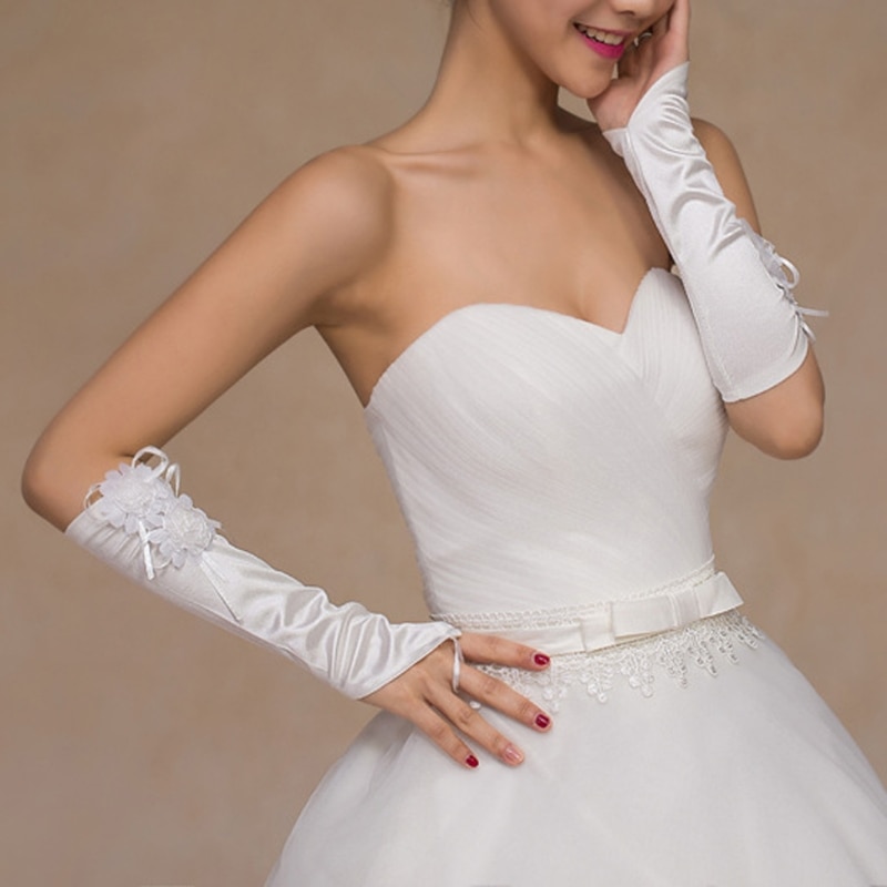 Womens Elbow Length Bridal Long Fingerless Gloves Lace Flower Wedding Prom Party