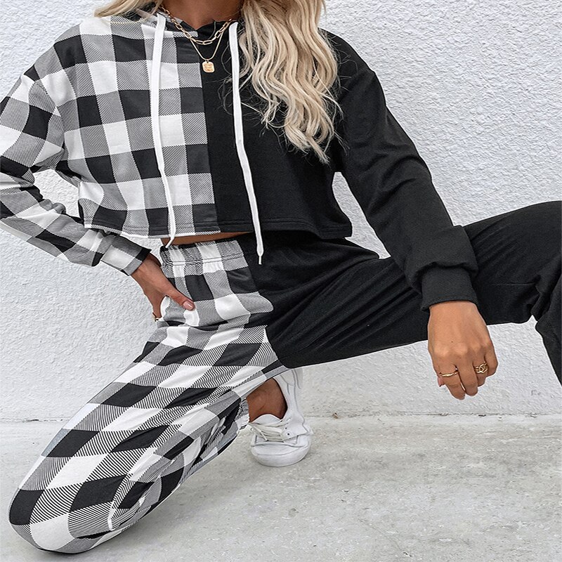 herbst Europäischen und Amerikanischen Frauen Schwarz und Weiß Plaid 2 Stück Nähte Comforable Mit Kapuze Sport Anzug Weibliche