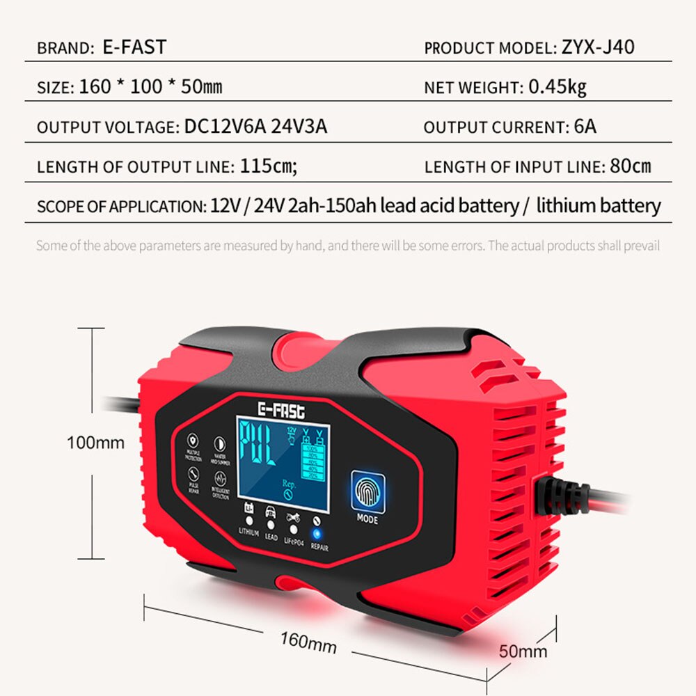 Touch Screen 12v Digital LCD Display Car Battery Charger 24v Full Automatic Power Puls Repair Chargers Auto Battery Terminal