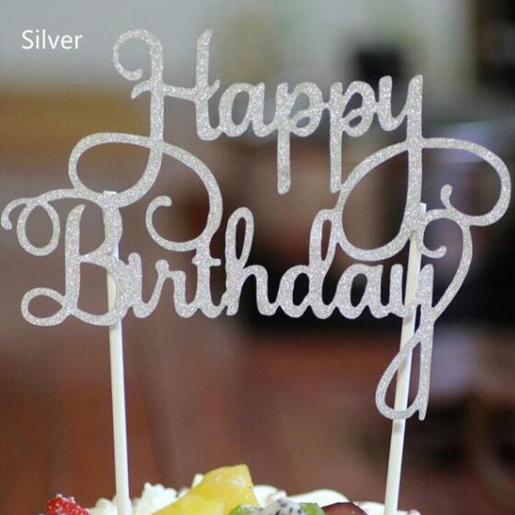 Gold Silver Blue Cupcake Cake Topper Happy Birthday Cake Top Flags for Love Family Birthday Party Baking Decoration Supplies: Silver