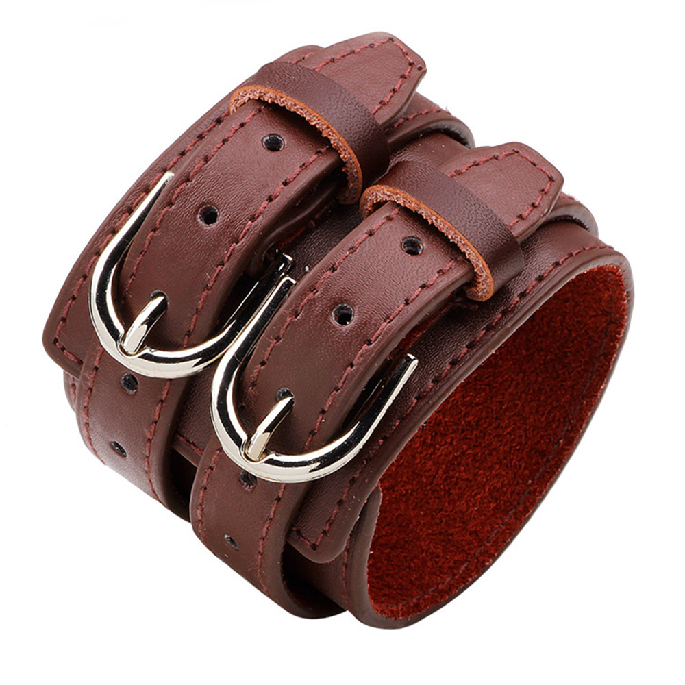 3 Color Double Belt Leather Wrist Friendship Big Wide Bracelet for Men Buckle Vintage Punk Jewelry For YWQR2300