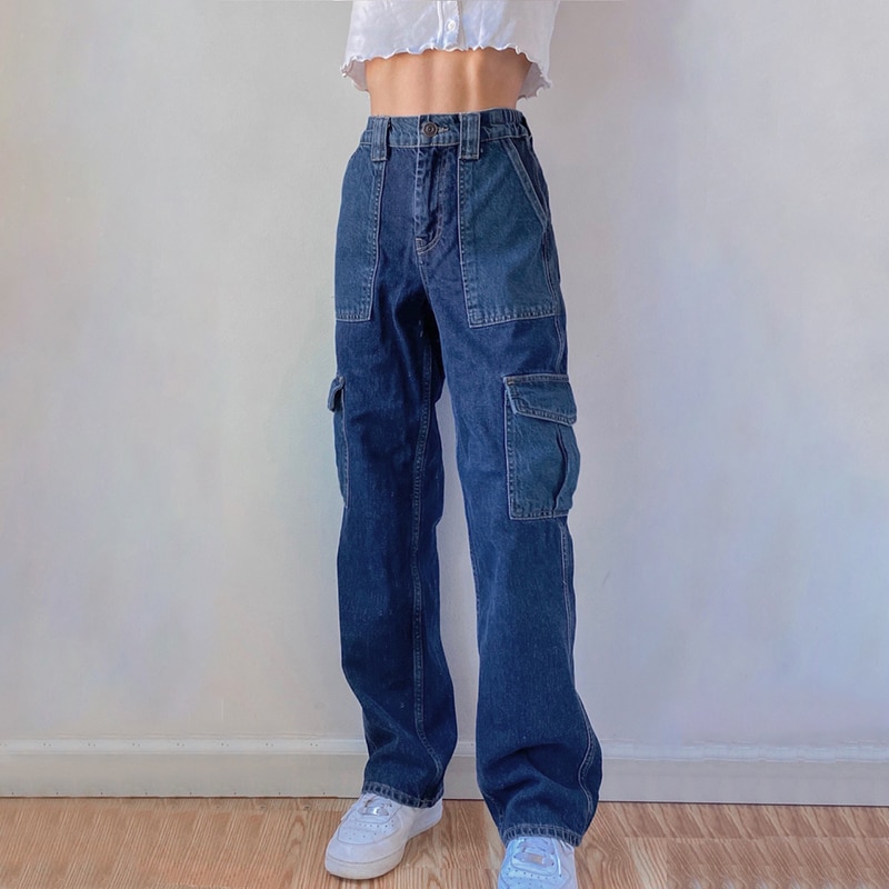 Rapcopter store lommer jeans kvinner  y2k bukser høy midje bukser blå denim glidelås jeans 90s lappede cargo bukser pop streetwear