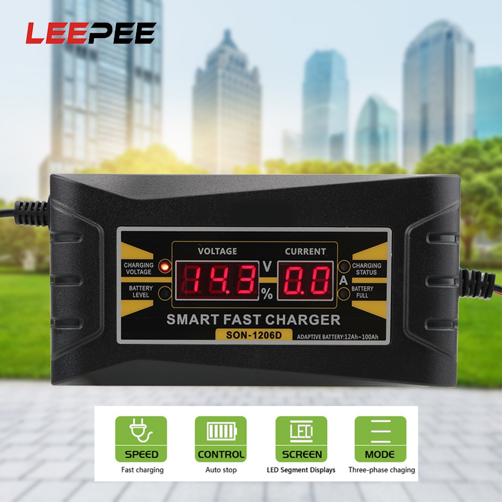 LEEPEE 150V-250V Lead Acid Battery-chargers LCD Display US EU Plug 12V 6A Smart Fast Power Charging Suitable for Car Motorcycle