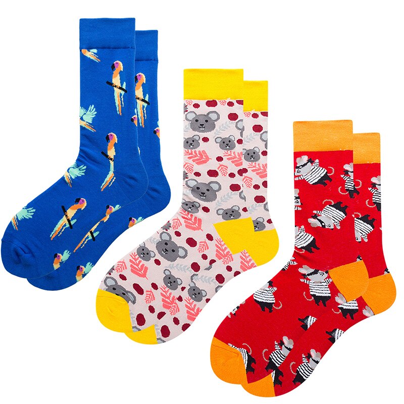 3pairs Funny Socks Personality Cotton Men& Women Sports Socks Beer Mouse Rabbit Shrimp Stamp Animal Food Fruit Cycling Socks