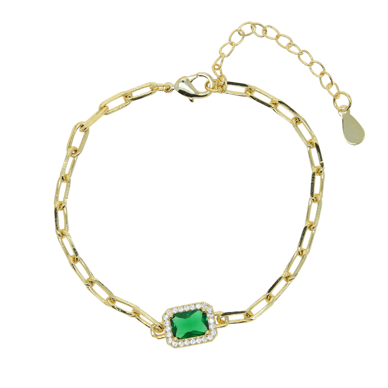 Goud Kleur Papier Clip Keten Kleurrijke Birthstone Cz Geometrische Rechthoek Charm Armband Voor Vrouwen: Rhodium Plated