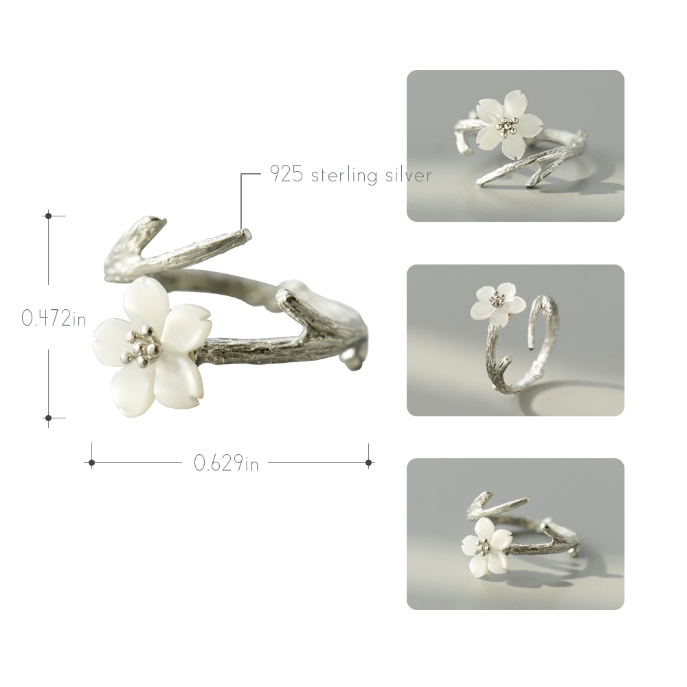 Thaya Weiß Kirsche Blossom Silber Ring s925 Silber Natürliche Perle Shell Blume Zweig Ringe für Frauen Elegante Damen Schmuck: Snow Sakura Ring