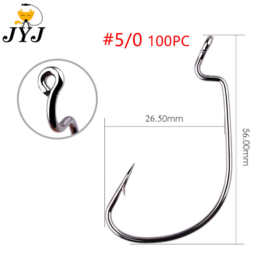 JYJ 100 pièces beaucoup d'hameçon de pêche offset, # 5/0 # 1/0 # 1 ... # 8 toutes tailles d'acier à haute teneur en carbone pour appâts à ver souple avec de grands yeux: MULTI
