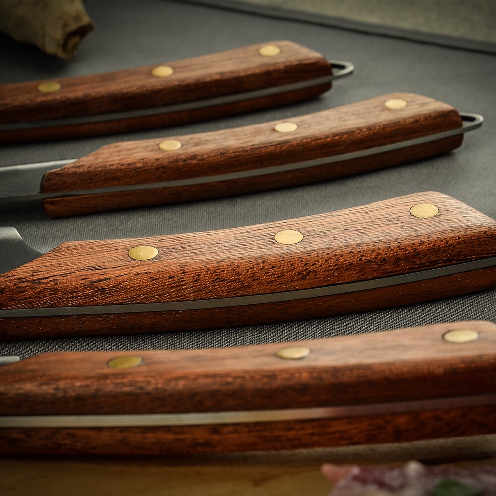 Damask Stainless Steel 5PCS Black Matte Hollow Blade Kitchen Knife Set Chef Knife Slicing Knife Wood Handle Kitchen Cleaver