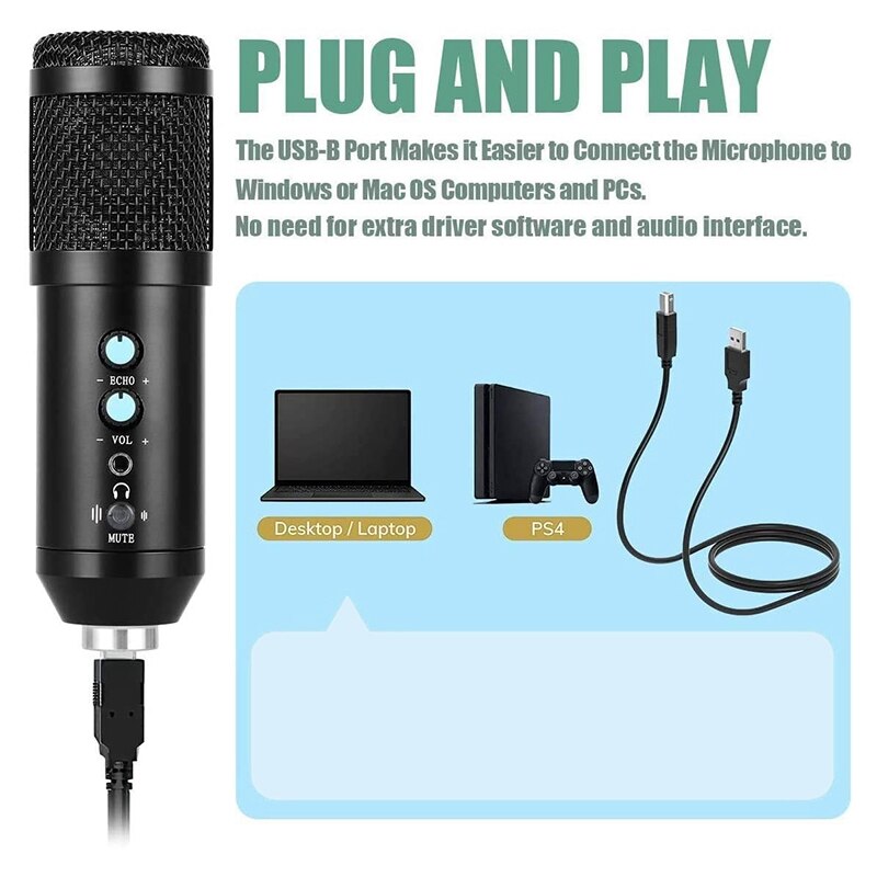 Microphone Kit,Podcast Cardioid Condenser Microphone Bundle for Computer Plug&Play with Adjustable Stand Boom Arm Shock