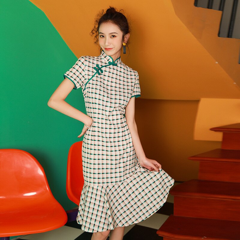 Cheongsam de estilo chino para chicas, para chicas, vestido a cuadros para estudiantes, vestido de cola de pez Qipao