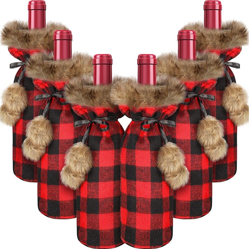 ! 6 Stuks Kerst Buffalo Plaid Wijnfles Covers Plaid Wijn Fles Houder Trui Faux Fur Wijnfles Pouch Tassen