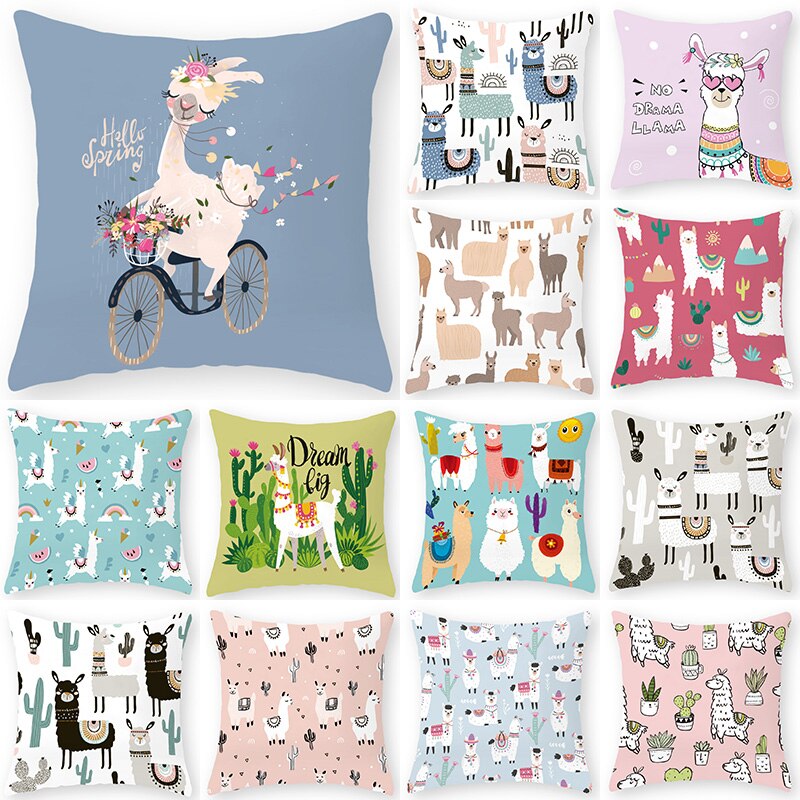 Cartoon Alpaca Dier Decoratieve Kussens Kussensloop Polyester Kussenhoes Sierkussen Sofa Decoratie Kussensloop 40853