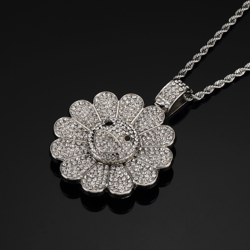 Men Hip hop Iced out bling Sun flower shape pendant necklaces rotatable popular Charm Necklace Hiphop jewelry