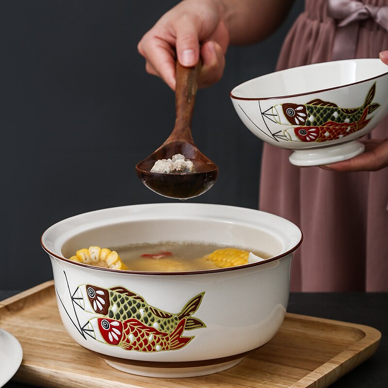 Large capacity Japanese ceramic cover soup noodle bowl stew bowl household tureen tableware set