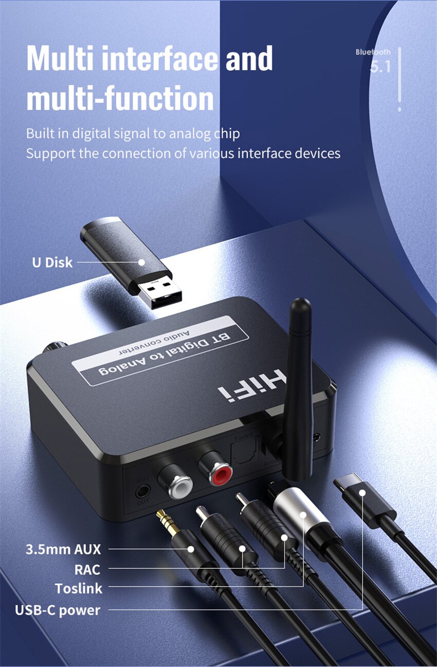 Digitaal Naar Analoog Audio Dac Converter Adapter Digitale Spdif Optische Toslink Naar 3.5Mm 3.5 Aux Jack Rca L/R Bluetooth 5.0 Ontvanger