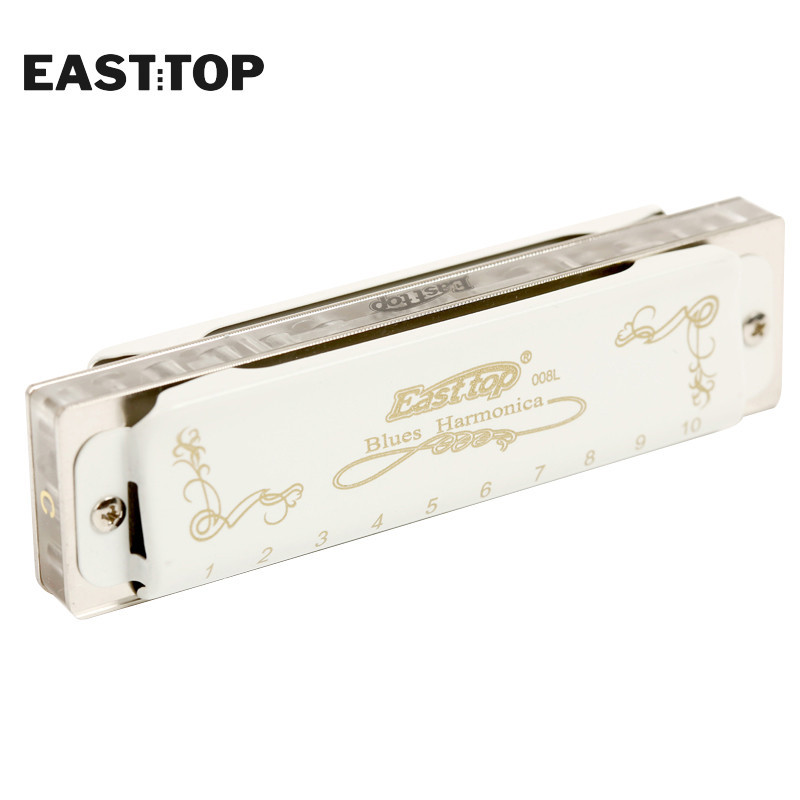 EASTTOP T008L Diatonic Blues Harmonica Key of D 10 Holes Harp Mouth Organ Harmonica with White Cover for Adults Professionals