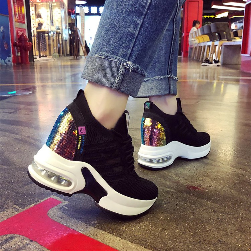 Strikket elastisk mesh bling sneakers kvinder forår efterår sko kvinder farverige pailletter med snøre platform sneakers