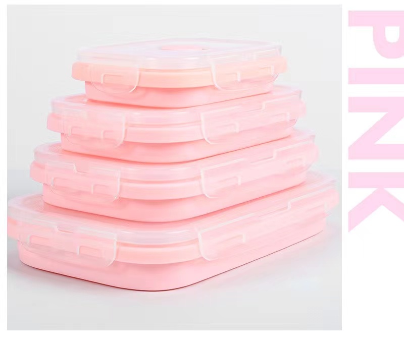 4 Pack Silicon Lunch Box Flat Stacks Collapsible Food Storage Containers With Lids Leftover Meal Box For Kitchen BPA Free: Pink