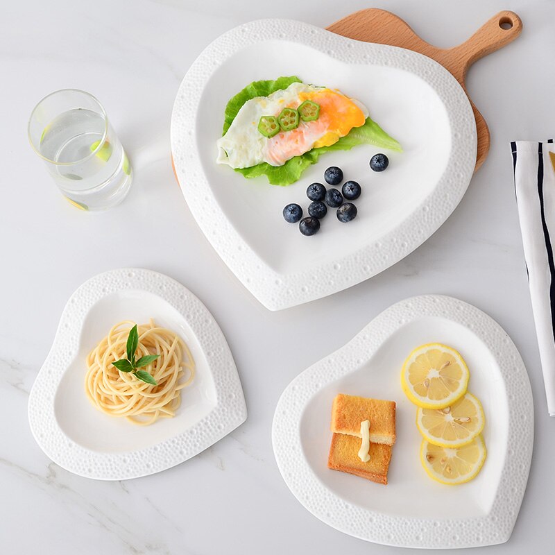 3pcs set, plain white embossed porcelain dinner plate sets, stone , wedding heart serving dish, dinnerware ceramic dishes