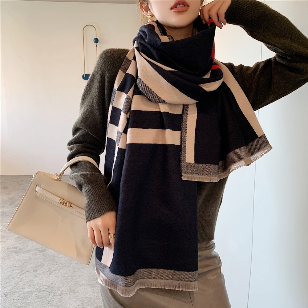 Écharpe de luxe noire à carreaux en cachemire pour femme, épaisse, chaude, enveloppe, Pashmina, pour l&#39;hiver: Black